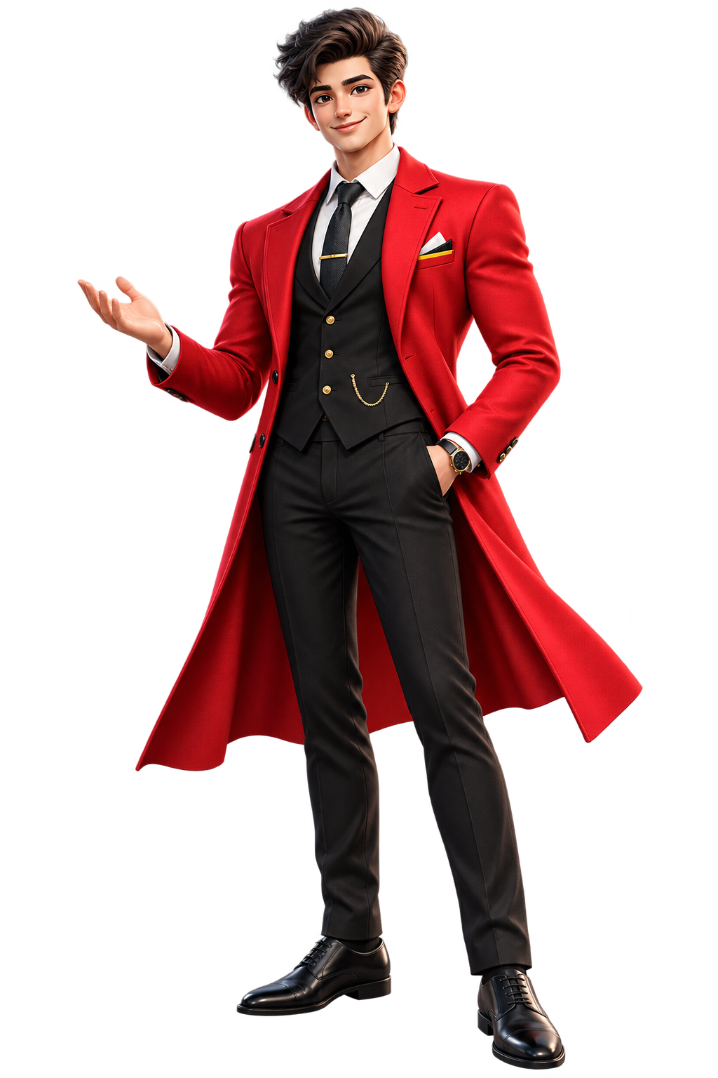 Mr. Stoxfull wearing a tailored red coat and black suit